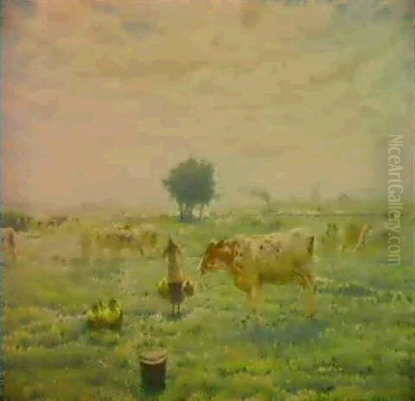 Paysage Avec Vaches Et Trayeuse Oil Painting by Adriaan Josef Heymans