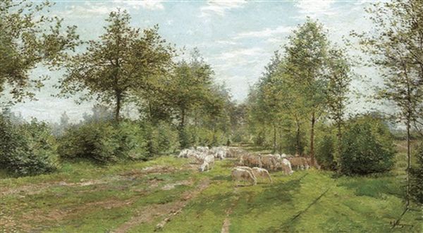 A Shepherd With His Flock On A Sunlit Country Track Oil Painting by Jozef Heymans