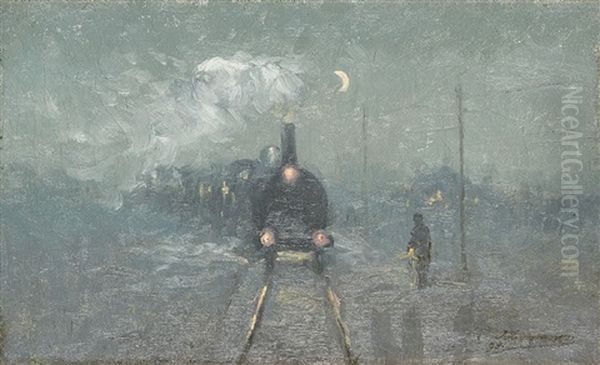 Train A Vapeur Arrivant A La Gare Oil Painting by Jozef Heymans