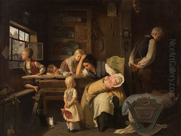 The Exhausted Mother Oil Painting by August Heyn