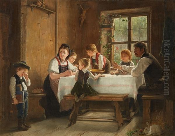 A Peasant Family At Their Meal With A Crying Oil Painting by August Heyn