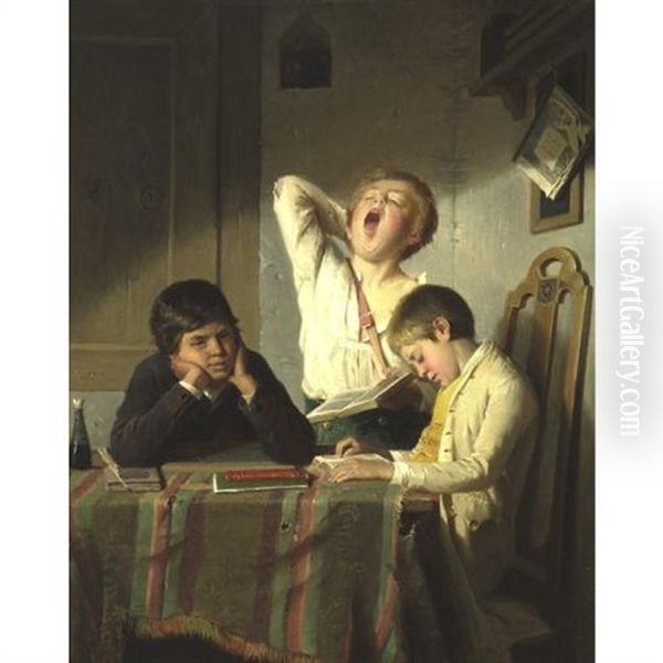 Bored With Lessons Oil Painting by August Heyn