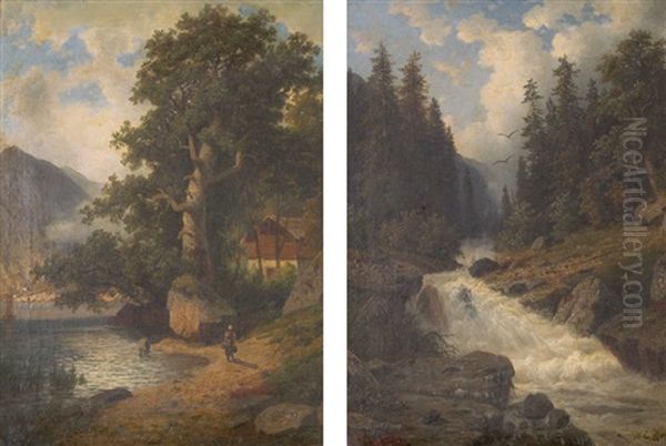 Wildbach (+ Am Gebirgssee; Pair) Oil Painting by Heinrich Eduard Heyn