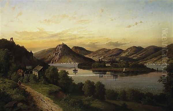 Abendstimmung Bei Nonnenwerth Am Rhein. Im Hintergrund Der Drachenfels Oil Painting by Heinrich Eduard Heyn