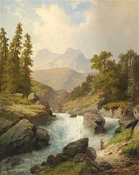 Alpelandskab Med Brusende Flod Oil Painting by Heinrich Eduard Heyn