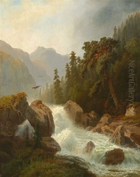 Gebirgslandschaft Mit Wildbach Und Raubvogeln Oil Painting by Heinrich Eduard Heyn