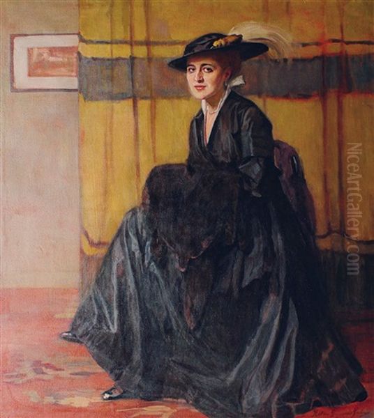 Elegante Dame Mit Schwarzem Federhut Oil Painting by Jan Helma Heynsen