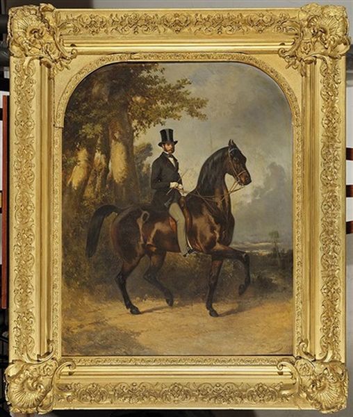 Portrait Equestre De M. Faroux En Haut De Forme Oil Painting by Louis Robert Heyrault