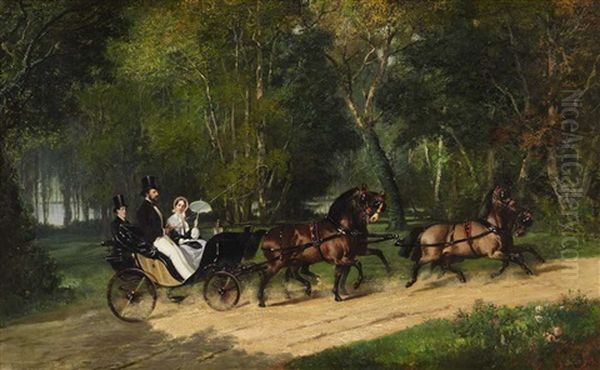 A Promenade In A Four-in-hand Oil Painting by Louis Robert Heyrault