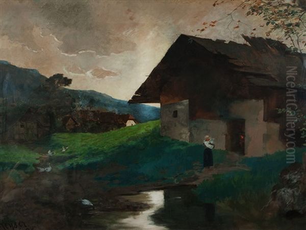 Village Landscape Oil Painting by Friedrich Heyser