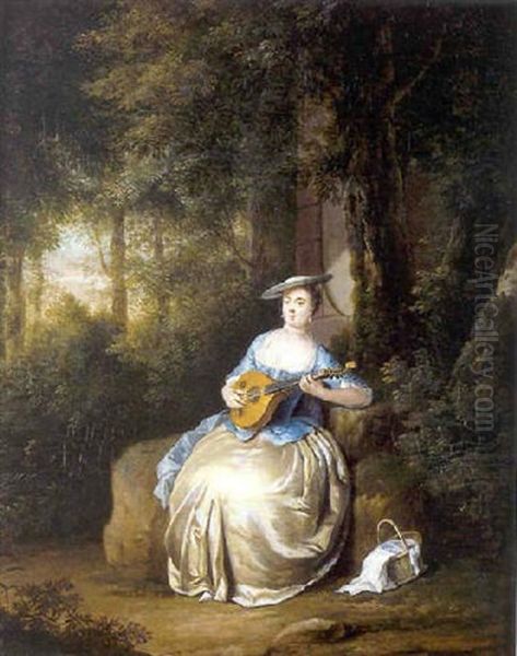 Jeune Femme Jouant D'un Instrument A Cordes Dans Un Paysage Boise Oil Painting by Anton Hickel