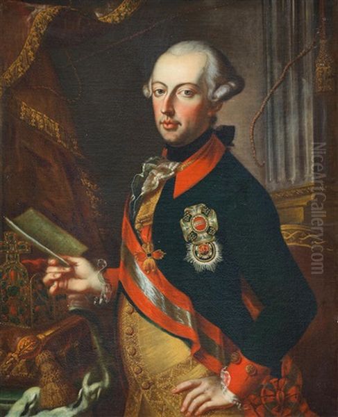 Portrait Of The Emperor Joseph Ii, Half-length And Holding A Letter Oil Painting by Joseph Hickel