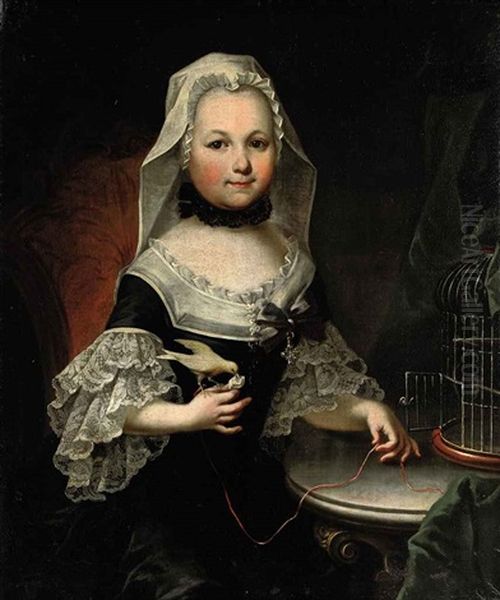 Portrait Of Antonia, Countess Of Lamberg In A Black And White Dress With Lace Cuffs, Holding A Bird By A String Oil Painting by Joseph Hickel