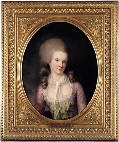 Portrait Of Maria-theresia, Altgrafin Zu Salmreifferscheidt-raitz In A Mauve Dress, With A Green Bow, A Lace Collar And Scarf Oil Painting by Joseph Hickel