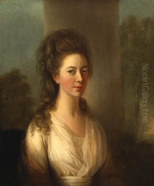 Portrait Of Mary Wathen By A Column In A Wooded Landscape Oil Painting by Thomas Hickey