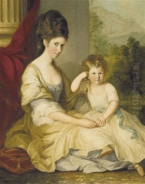 Portrait Of A Lady And Her Daughter, Traditionally Identified As Charlotte Myne (nee Pringle) And Her Daughter Susan, Full-length, In A White And Blue Dress, With Her Daughter Susan Myne, Beside A Draped Column, A Landscape Beyond Oil Painting by Thomas Hickey