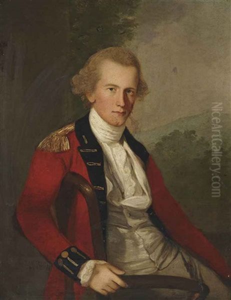 Portrait Of A Gentleman, Three-quarter-length, Seated, In A White Waistcoat And A Red Coat, In A Landscape Oil Painting by Thomas Hickey