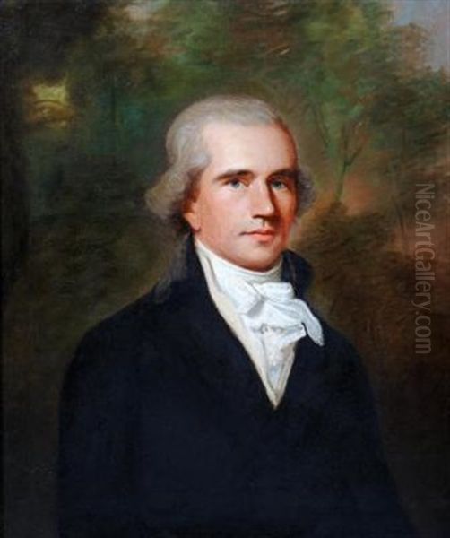 Portrait Of A Young Gentleman, Believed To Be A Member Of The Fitzgibbon Family, Wearing A White Cravat And Navy Blue Frock Coat Oil Painting by Thomas Hickey