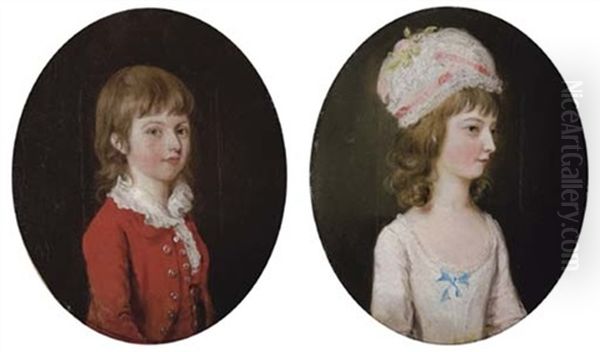 Portrait Of A Young Boy In A Red Coat And White Collar (+ Portrait Of A Young Girl In A White Dress, Wearing A White Cap With Flowers And Light Pink Ribbons; Pair) Oil Painting by Thomas Hickey