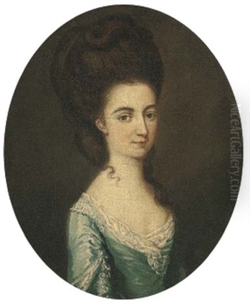 Portrait Of Jane Lambert Nee Le Grand, In A Blue Dress With White Lace Collar Oil Painting by Thomas Hickey