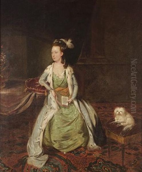 Portrait Of A Lady In A Green Dress With An Ermine Trimmed Robe, A Dog On A Stool Beside Her Oil Painting by Thomas Hickey