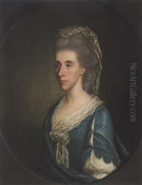 Portrait Of Miss Tighe Wearing A Blue Dress With White Lace Bonnet Oil Painting by Thomas Hickey