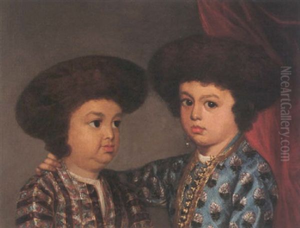 Portrait Of Two Indian Brothers Wearing Brocade Coats And Fur Hats Oil Painting by Thomas Hickey