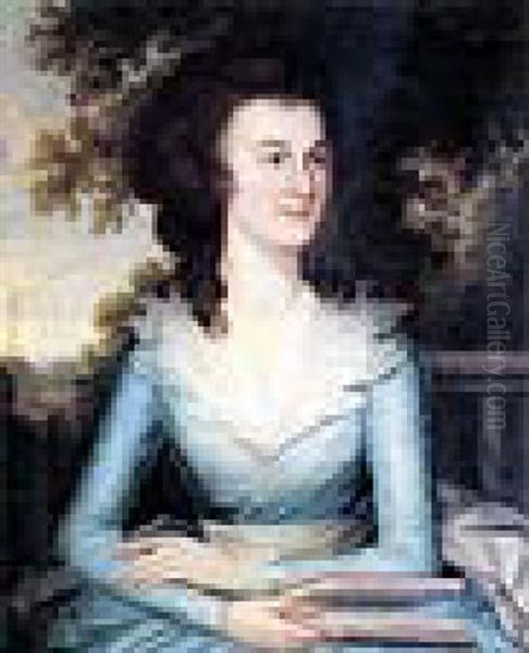 Portrait Of Hannah Porter Wearing A Light Blue Dress, Holding A Book, With A Landscape Beyond Oil Painting by Thomas Hickey