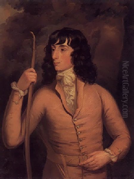 Portrait Of A Gentleman Standing In A Landscape, Wearing A Brown Coat And Holding A Bow Oil Painting by Thomas Hickey