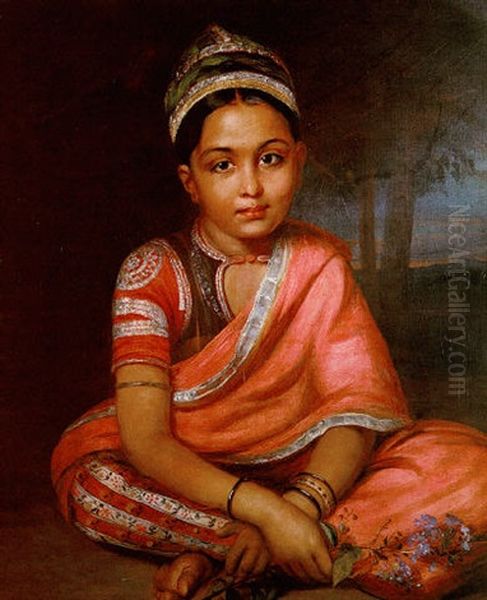 Portrait Of An Indian Princess Seated Cross Legged Wearing Indian Dress, Holding Flowers Oil Painting by Thomas Hickey