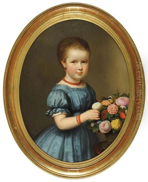 Portrait D'un Petit Garcon Au Col De Dentelle, Portrait De Jeune Fille A La Corbeille De Fleurs (pair) by Fritz Hickmann