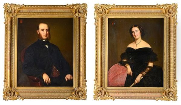 Portrait De Dame A L'eventail (+ Portrait D'homme En Redingote Noire; 2 Works) by Fritz Hickmann