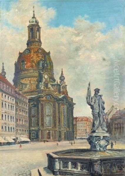 Dresden - Neumarkt Mit Frauenkirche Und Brunnen Auf Dem Judenhof Oil Painting by Werner Hickmann