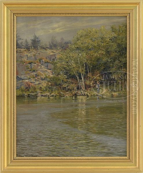 Boy Fishing Off Tree And Rock Lined Shore Oil Painting by Conde Wilson Hickok