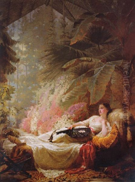 Portrait Of Adelaide Maria Guinness, Later 1st Viscountess Iveagh, Reclining On A Sofa Holding A Fan, In A Conservatory Oil Painting by George Elgar Hicks