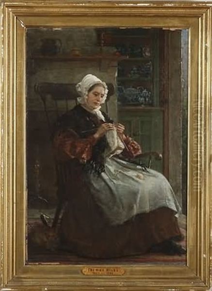 Interior Genre Scene With Woman Knitting, Cat By Feet Oil Painting by Thomas Hicks