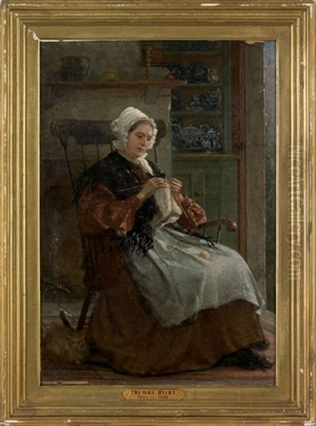 Interior Scene With A Woman Knitting Oil Painting by Thomas Hicks