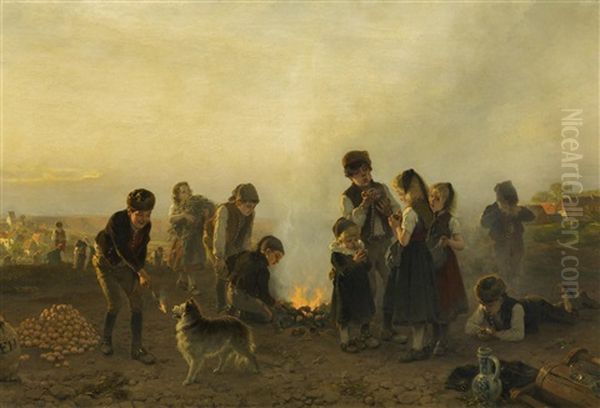 Kinder Am Kartoffelfeuer. Vermutlich Aus Einer Jahreszeitenfolge Oil Painting by Friedrich Hiddemann