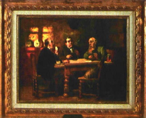 Drei Manner Spielen Karten Im Gasthaus Oil Painting by Friedrich Hiddemann