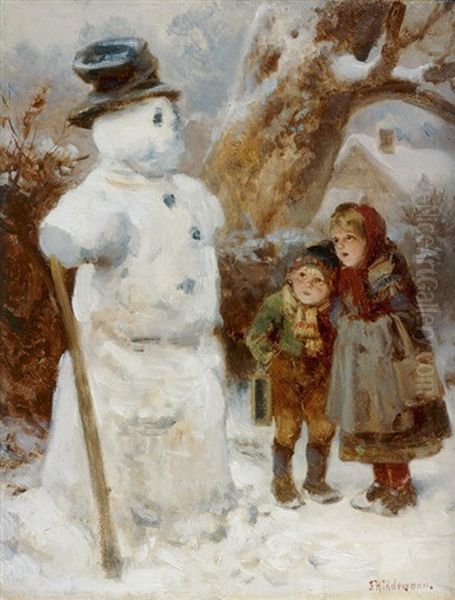 Bub Und Madchen Bestaunen Einen Schneemann Oil Painting by Friedrich Hiddemann