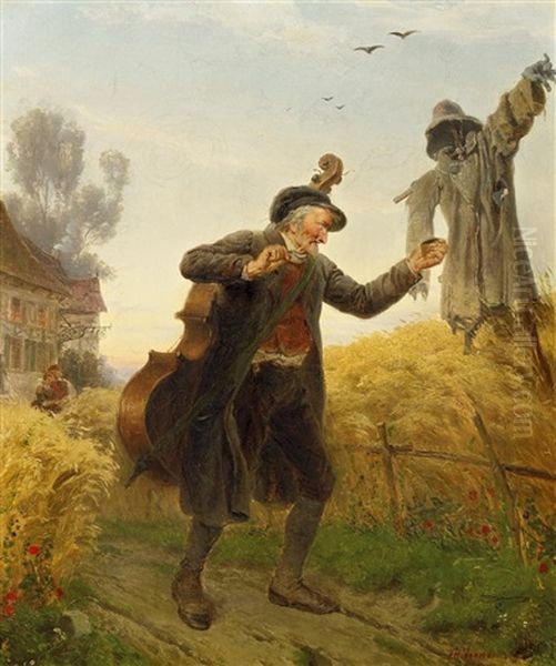 Der Alte Musiker Mit Seinem Kontrabas Oil Painting by Friedrich Hiddemann