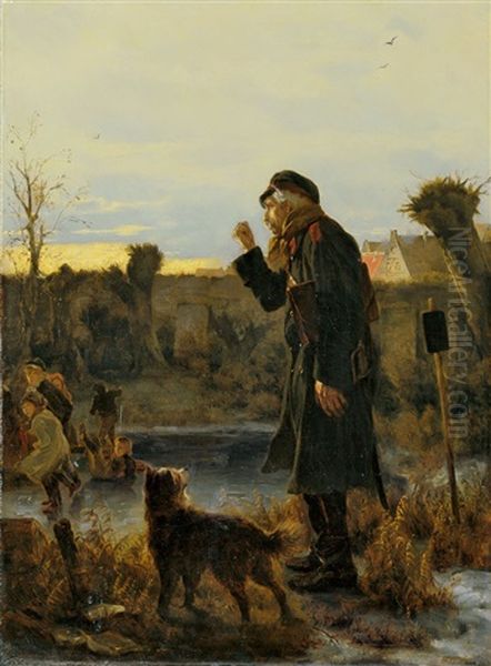 Ein Alter Veteran Einer Schar Kinder Auf Dem Eis Drohend Oil Painting by Friedrich Hiddemann