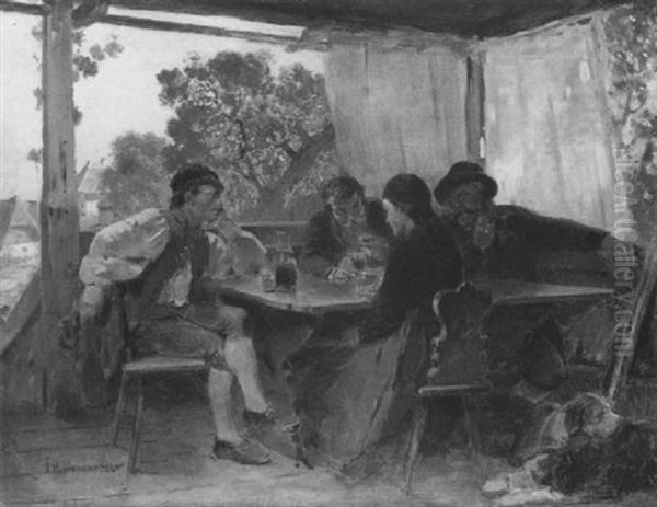 Auf Der Terrasse Eines Dorflichen Wirtshauses Oil Painting by Friedrich Hiddemann