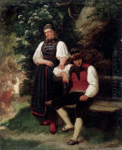 Der Eifersuchtige Freund - Junges Schwarzwalder Paar Am Rande Eines Dorffestes Oil Painting by Friedrich Hiddemann