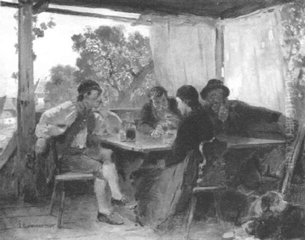 Auf Der Terrasse Eines Dorflichen Wirtshauses Oil Painting by Friedrich Hiddemann