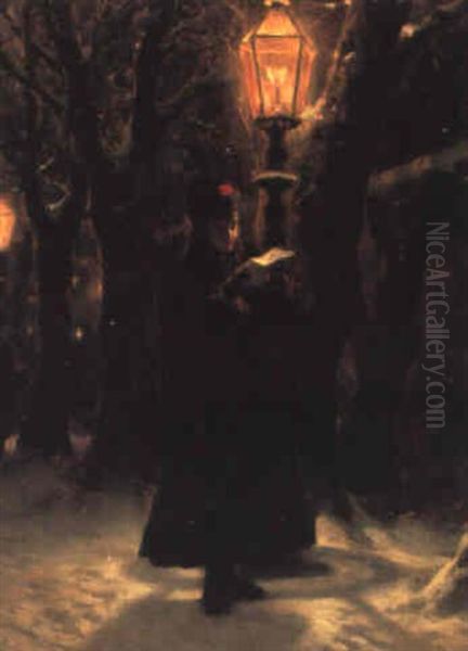 Reading By The Lampost Oil Painting by Friedrich Hiddemann