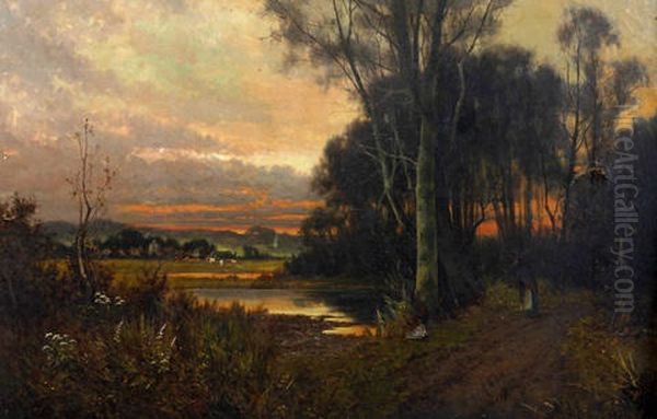 Tranquil Rural Landscape With Maid By A Pool, Together With Another, With Figure Carrying Firewood On A Wooded Path At Dusk (pair) Oil Painting by Frank Hider