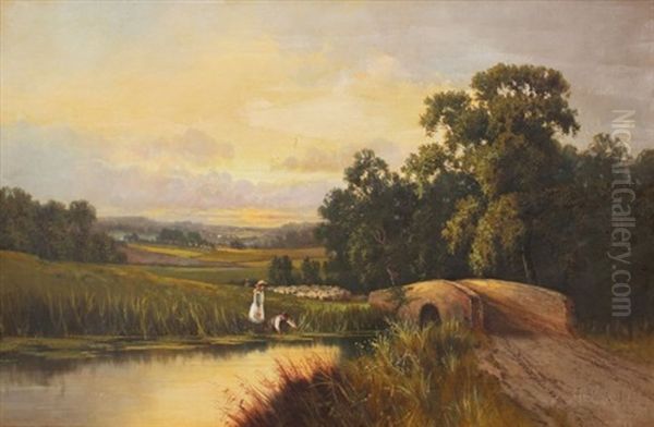 Panoramic Landscape With Figures By A Covered Bridge With Small Stream Oil Painting by Frank Hider