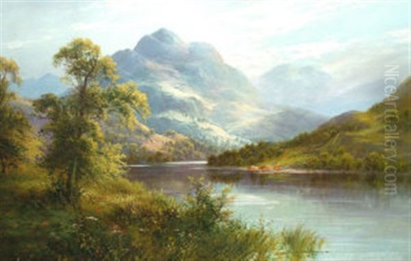 Cattle In A Mountain Lake Scene And Traveler In A Mountain Landscape (pair) Oil Painting by Frank Hider