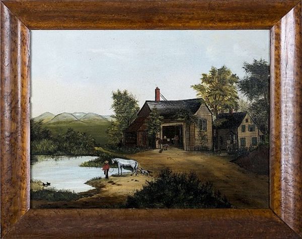 Landscape With Farmhouse, Blacksmith's Shop And Pond Oil Painting by Joseph Henry Hidley